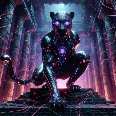 The primary subject of the image is a futuristic robotic cat, which is the main object, scene, or focus of the image. The setting/background features a temple-like environment, with purple and pink lights illuminating the area. The visual style of the image is digital art, as it is a computer-generated or digitally created image. The dominant colors in the image are purple and pink, creating a futuristic and otherworldly atmosphere.